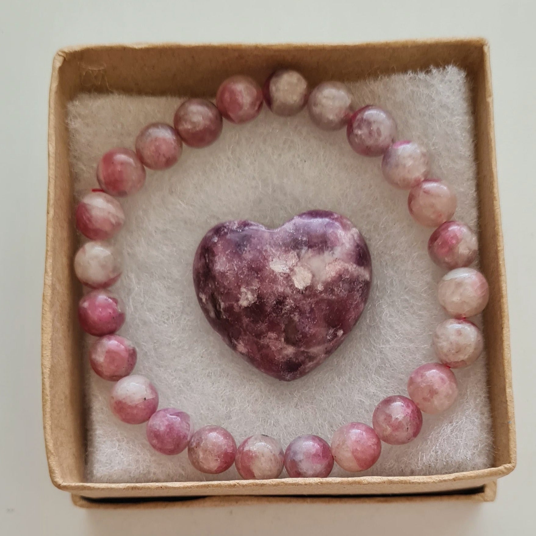 Pink Tourmaline and Lepidolite Bracelet and Heart Boxset – Bay Crystals