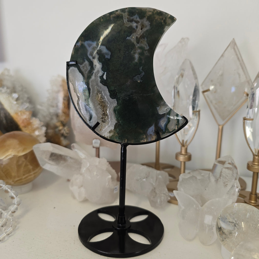 Moss Agate Moon with Stand